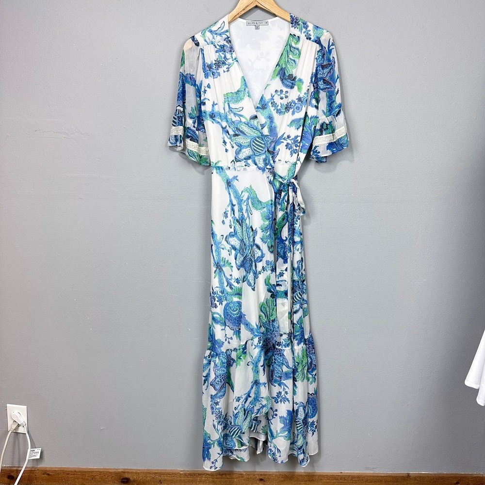 Hope & Ivy Wrap Dress Women Size 10 US Blue Green Paisley Floral Lace Trim Maxi